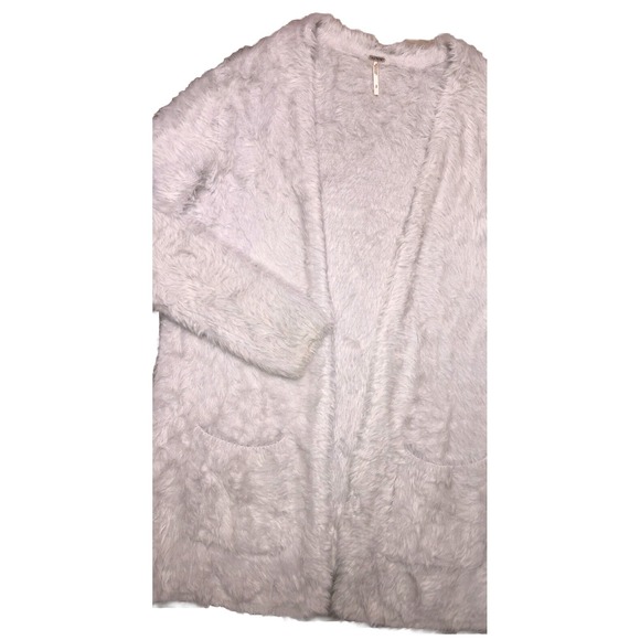 Free People Faux Fur Cardigan S Cloud Gray Fuzzy‎ Open Front Long Sweater - Picture 1 of 8